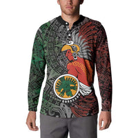 Black button sweatshirt with tribal warrior print and polo-style button placket, long sleeves