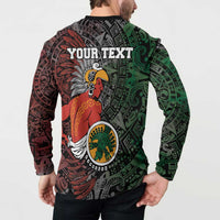 Black button sweatshirt, tribal warrior print, 'YOUR TEXT' on back, long sleeves