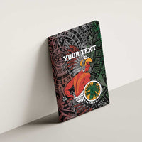 Mexican tribal warrior canvas wall art with Aztec sun, red and green tribal patterns, angled