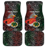 Black Aztec car mats with colorful warrior, sun design, and “YOUR TEXT”