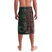 Men's knee-length tribal Aztec print sarong, black with green and pink face designs