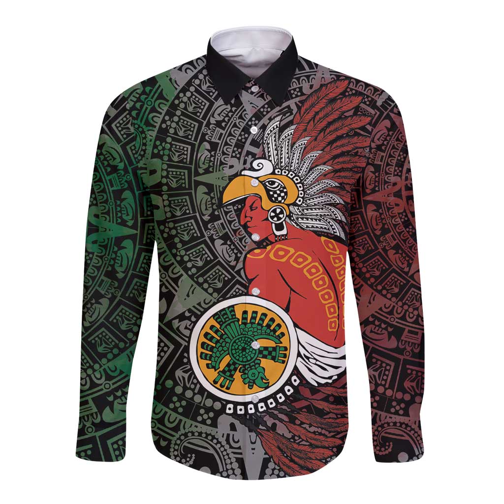Long sleeve button shirt with dark Aztec warrior front graphic in red, green, and white