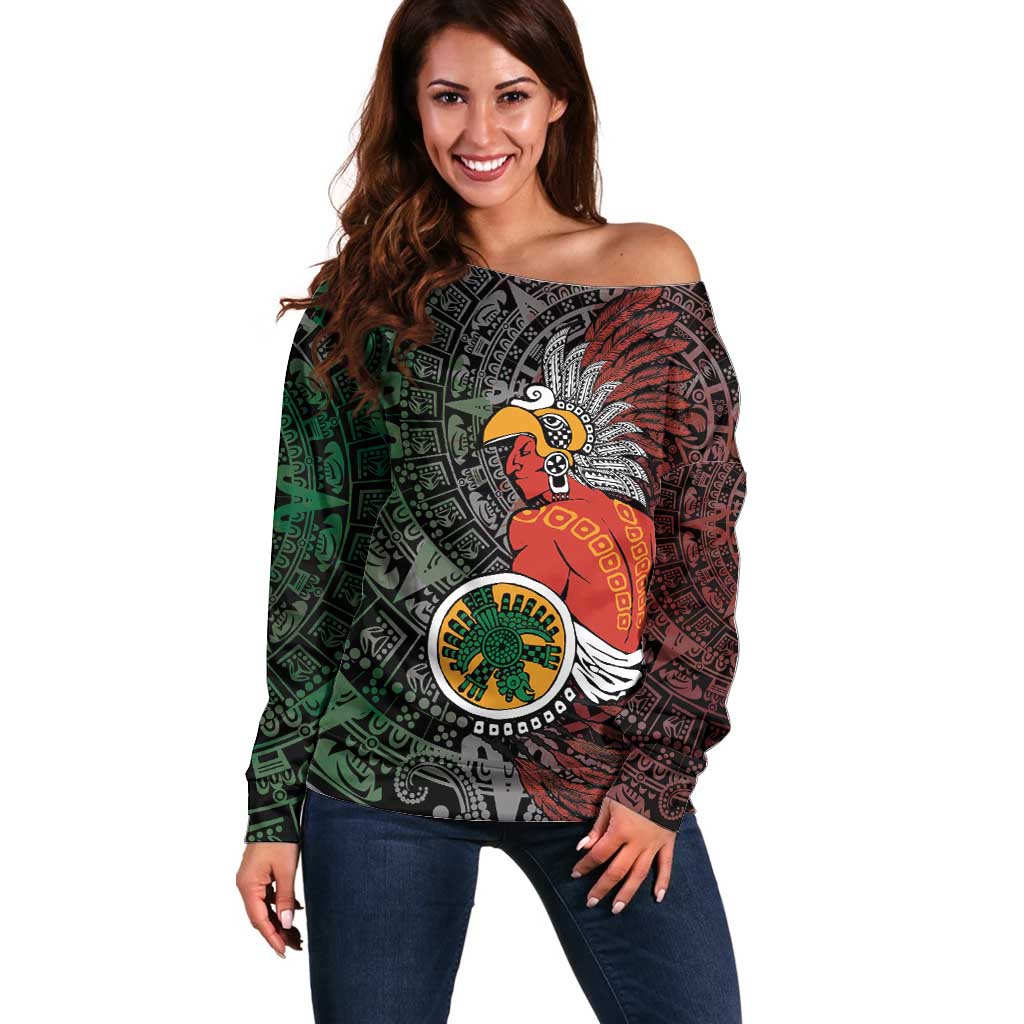 Personalized Mexican Tribal Aztec Warriors Off Shoulder Sweater Aztec Sun God - Wonder Print Shop