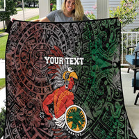 Personalized Aztec warrior quilt blanket with “YOUR TEXT” over black, red, and green design