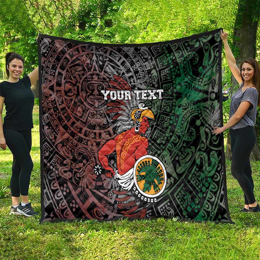 Personalized Aztec warrior quilt with black, red, and green tribal artwork and “YOUR TEXT”