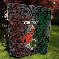 Aztec warrior quilt with black, red, and green tribal design and “YOUR TEXT” text