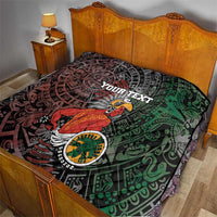 Personalized Aztec warrior quilt on bed with black, red, and green tribal artwork