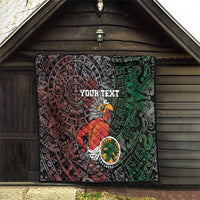 Personalized Aztec warrior quilt hanging outdoors with black, red, green tribal pattern