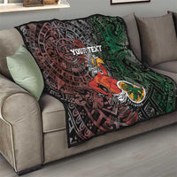 Aztec warrior throw quilt on couch with black, red, and green tribal pattern and “YOUR TEXT”