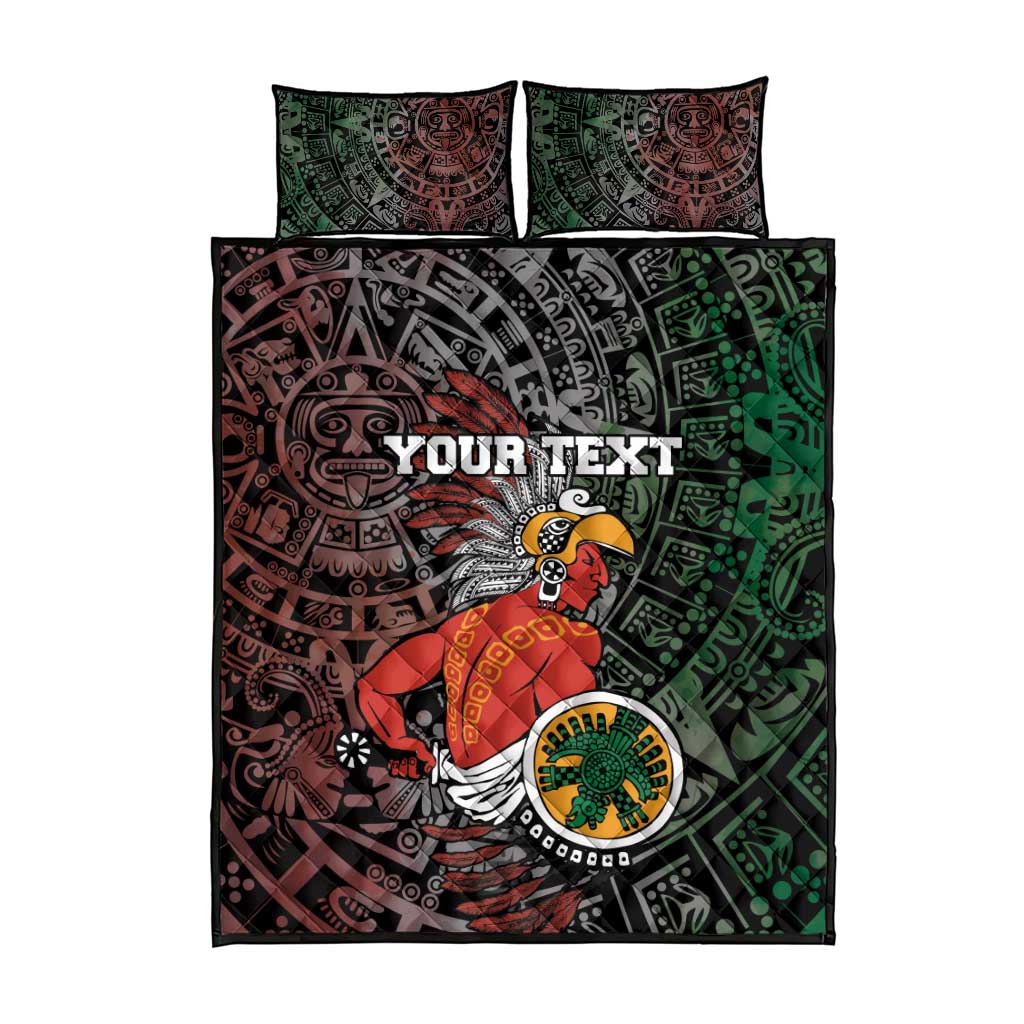 Aztec warrior quilt with green and burgundy geometric design, plus two square pillow shams