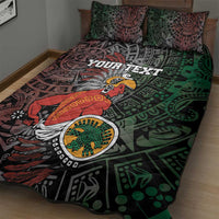 Aztec warrior quilt bed set, dark green red and black pattern with two pillow shams