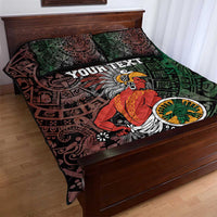 Aztec warrior quilt bed set in green and burgundy with two patterned pillow shams
