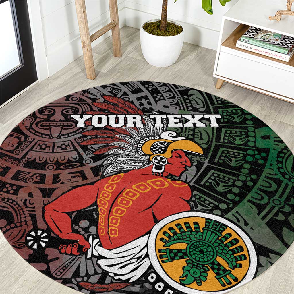 Round Aztec sun god style carpet with red warrior figure and green circular sun design