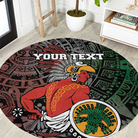 Round Aztec sun god style carpet with red warrior figure and green circular sun design