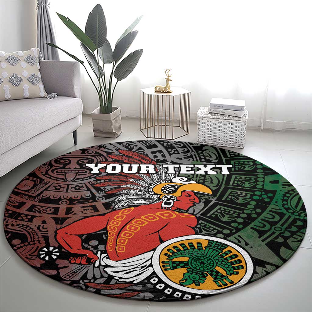 Round black Aztec carpet with red warrior, green sun motif, and bold "YOUR TEXT"