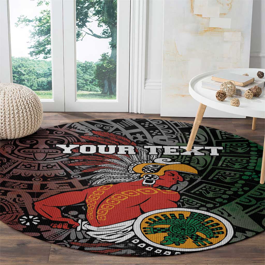 Round black Aztec carpet with red warrior center and green patterned sun emblem