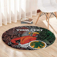Round black Aztec tribal carpet with red warrior and green sun motif at center