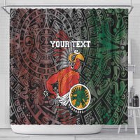 Shower curtain with Aztec warrior and tribal patterns, 'YOUR TEXT' text, green/red/black design