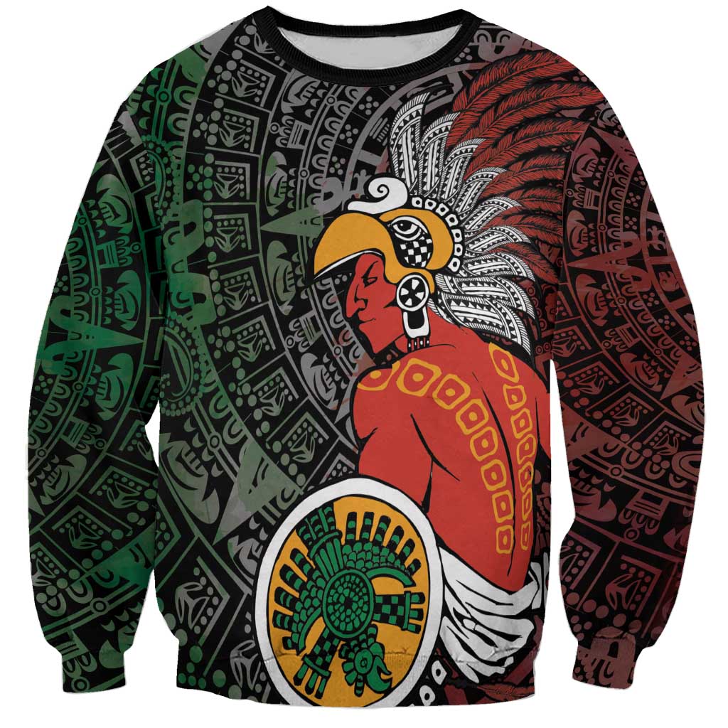 Black unisex sweatshirt with red Aztec warrior face and green circular tribal emblem