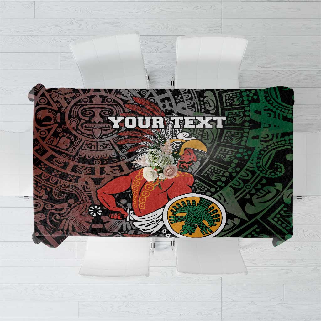 Black Aztec warrior tablecloth with 'YOUR TEXT' banner and green tribal patterns