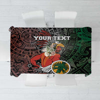 Black Aztec warrior tablecloth with 'YOUR TEXT' banner and green tribal patterns
