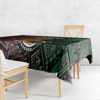 Black tribal Aztec-style tablecloth with colorful warrior and sun design