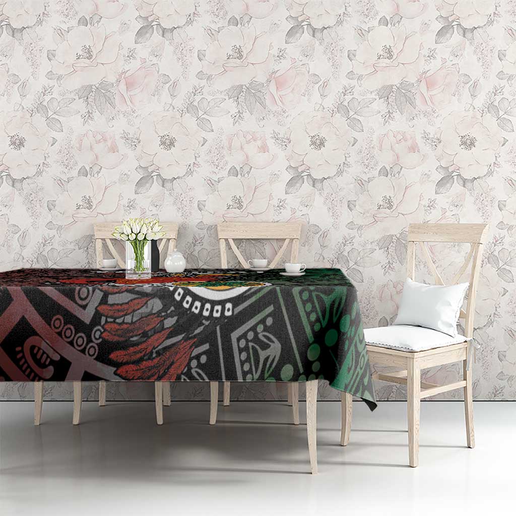 Black Aztec tablecloth with colorful sun and warrior print