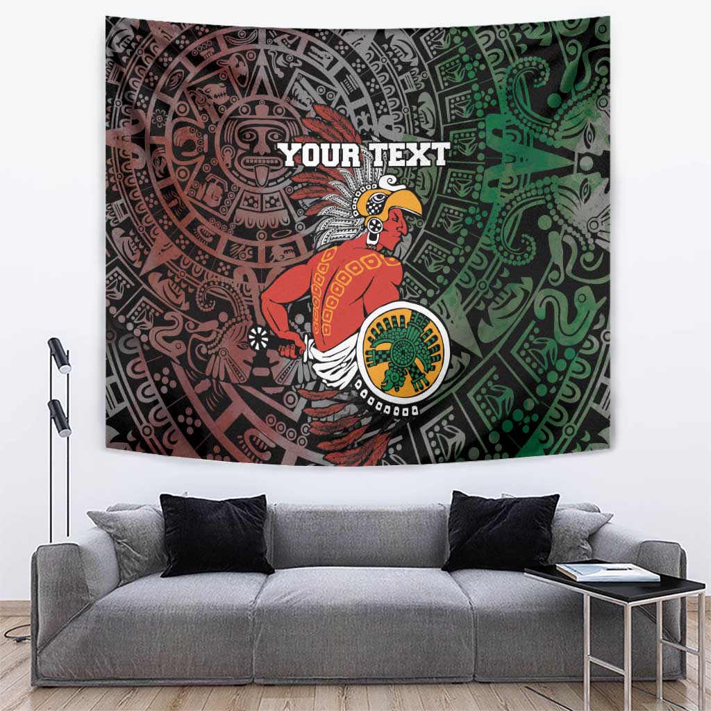 Personalized Aztec warrior tapestry in dark brown with red and green tribal sun design