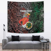 Personalized Aztec warrior tapestry in dark brown with red and green tribal sun design