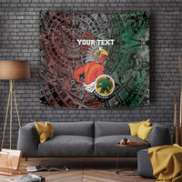 Personalized Aztec warrior tapestry with red-clad figure, green patterns, and custom text