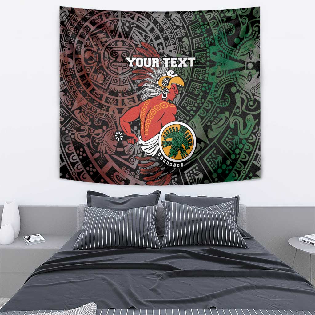 Personalized Aztec warrior tapestry in dark tones with red figure, green motifs, and custom text