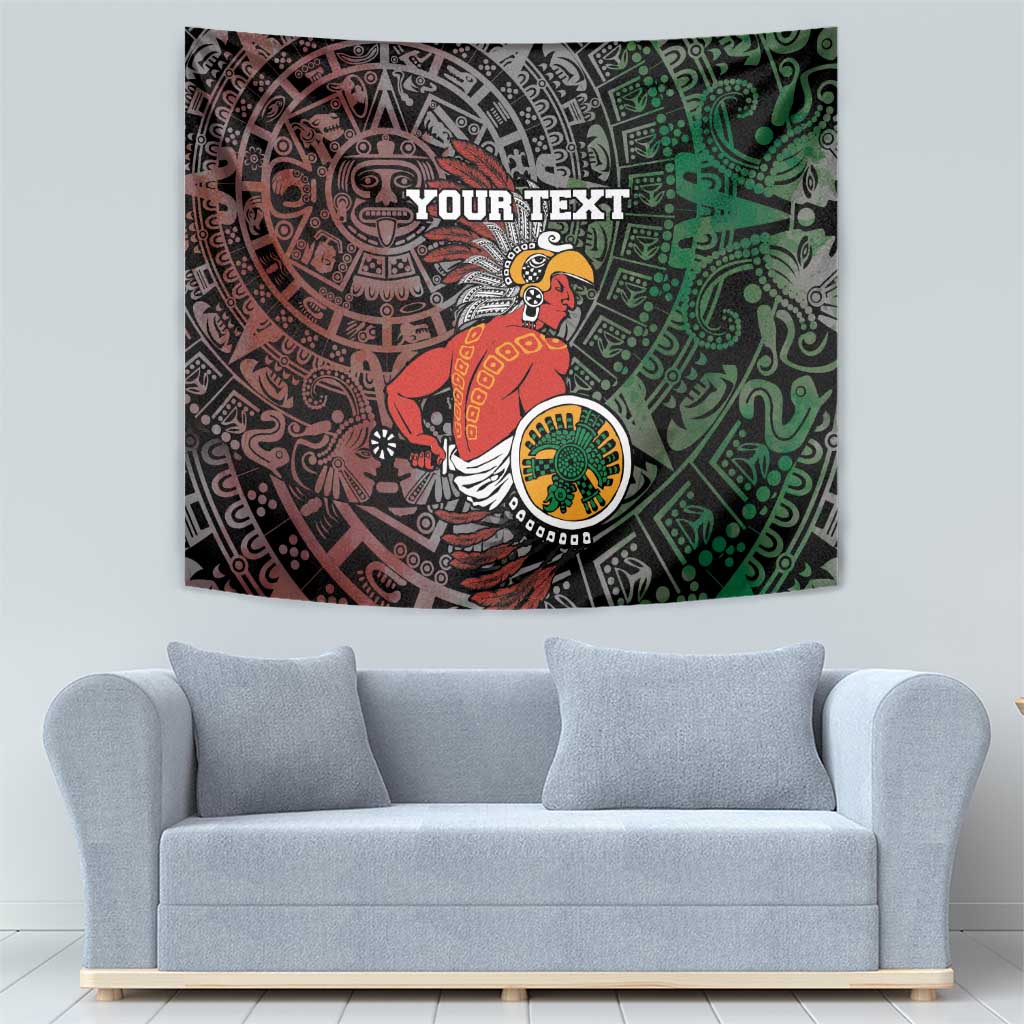 Personalized Aztec warrior tapestry with red and orange figure, green tribal details