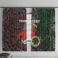 Personalized Aztec warrior window curtains, maroon and green with large face medallion and custom text