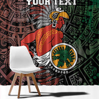 Close-up personalized Aztec warrior curtain panel with warrior figure, sun medallion, and custom text