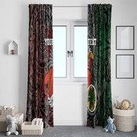 Personalized Aztec warrior window curtain pair, maroon left and green right with bold face artwork