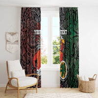 Personalized Aztec warrior window curtains, maroon and green with custom text and circular medallion