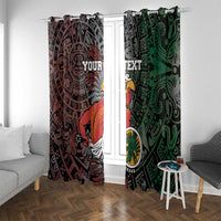 Personalized Aztec warrior window curtains, maroon and green panels with bold tribal graphics and custom text