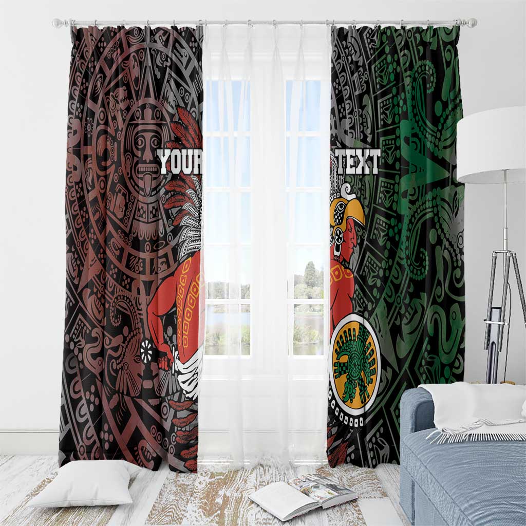 Personalized Aztec warrior window curtain pair, maroon left and green right with custom text lettering