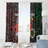 Personalized Aztec warrior window curtain pair, maroon left and green right with custom text lettering