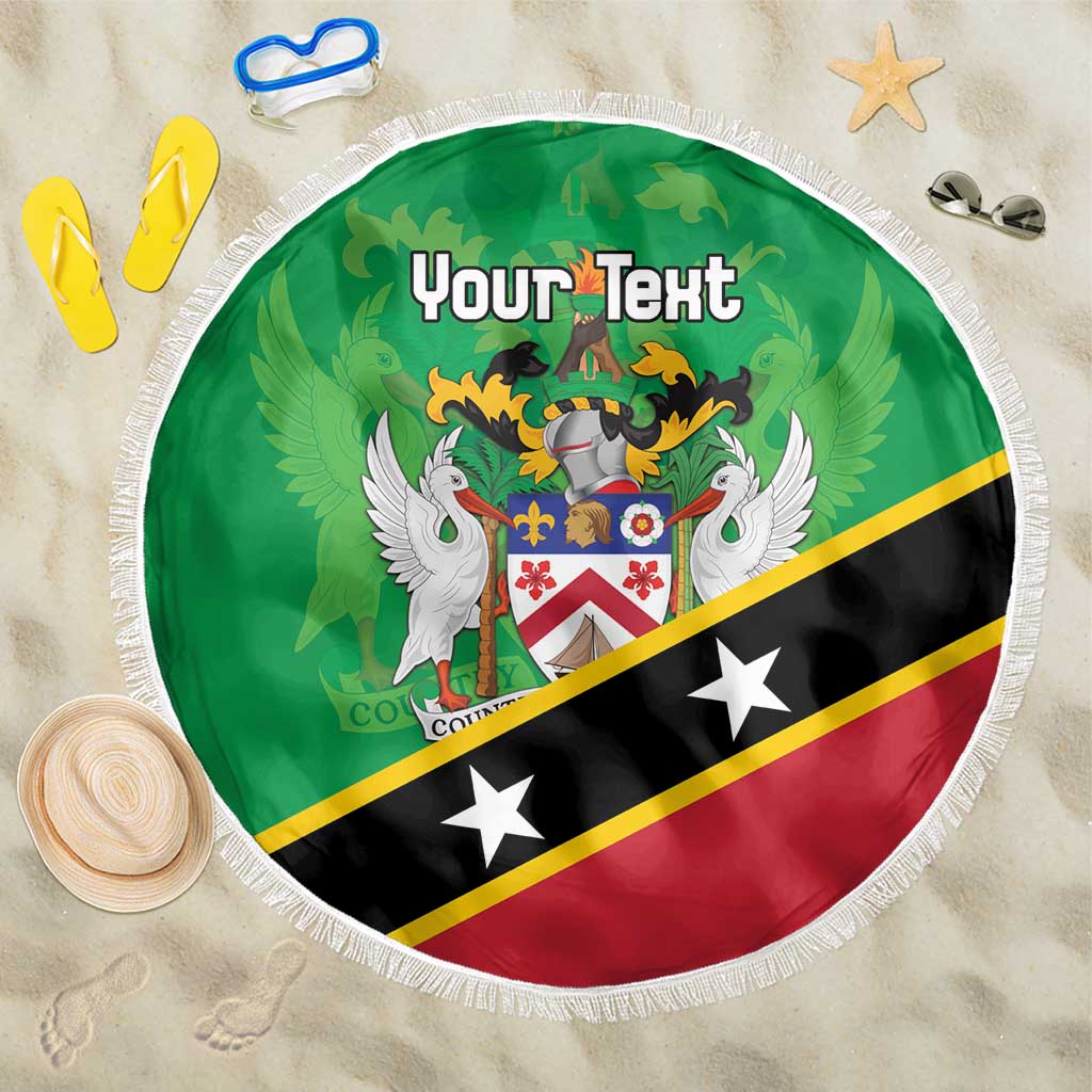 Green round beach blanket with white fringe, Saint Kitts crest and 'Your Text' print