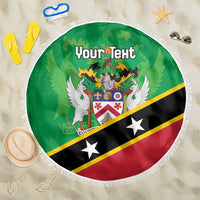Green round beach blanket with white fringe, Saint Kitts crest and 'Your Text' print