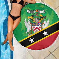 Green round beach blanket with white fringe and 'Your Text' crest, poolside with swimwear