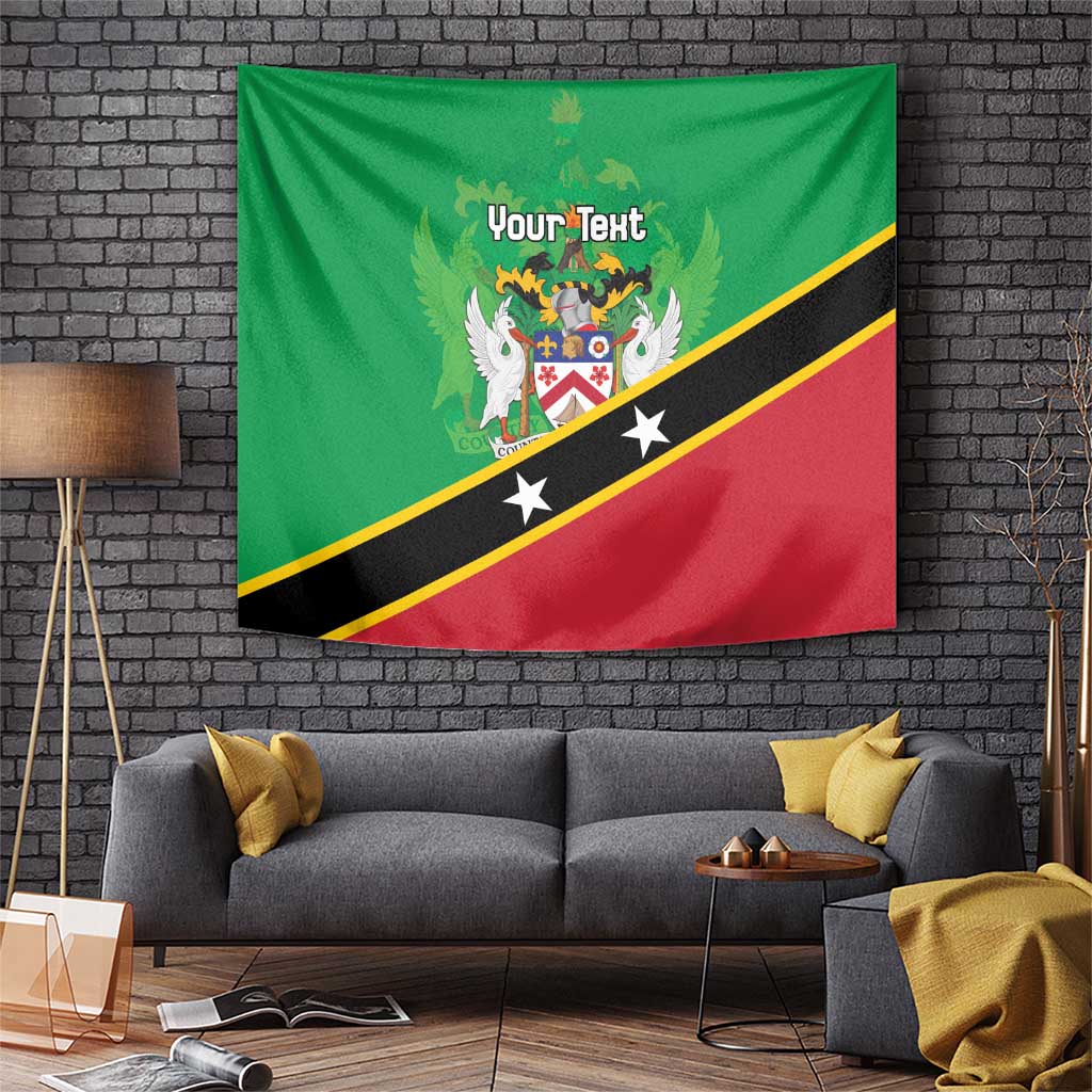 Green wall tapestry with crest and diagonal black stripe, yellow border, red lower panel