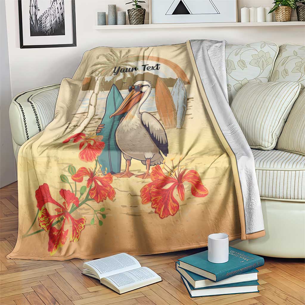 Personalized pelican beach throw blanket in beige with red hibiscus and “Your Text”
