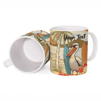 Personalized ceramic mug with pelican graphic and custom "Your Text" panel