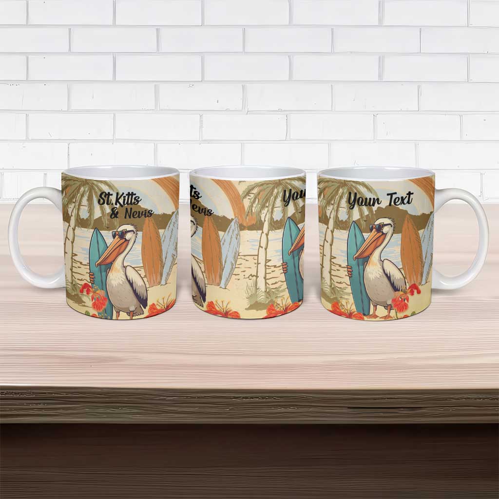Set of three personalized ceramic mugs with pelican beach design and custom text