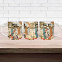 Set of three personalized ceramic mugs with pelican beach design and custom text