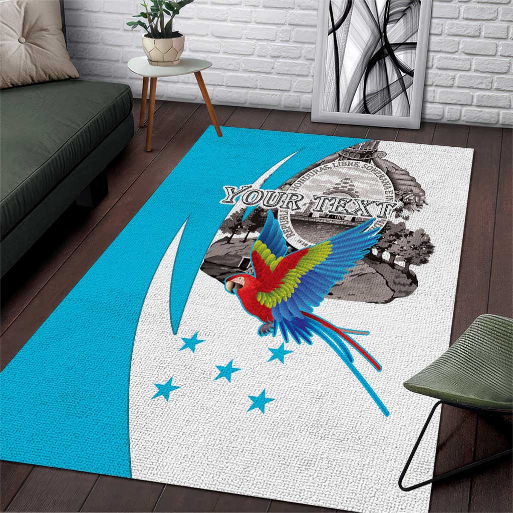 Personalized area rug: blue border, macaw, coat of arms, and 'YOUR TEXT'.