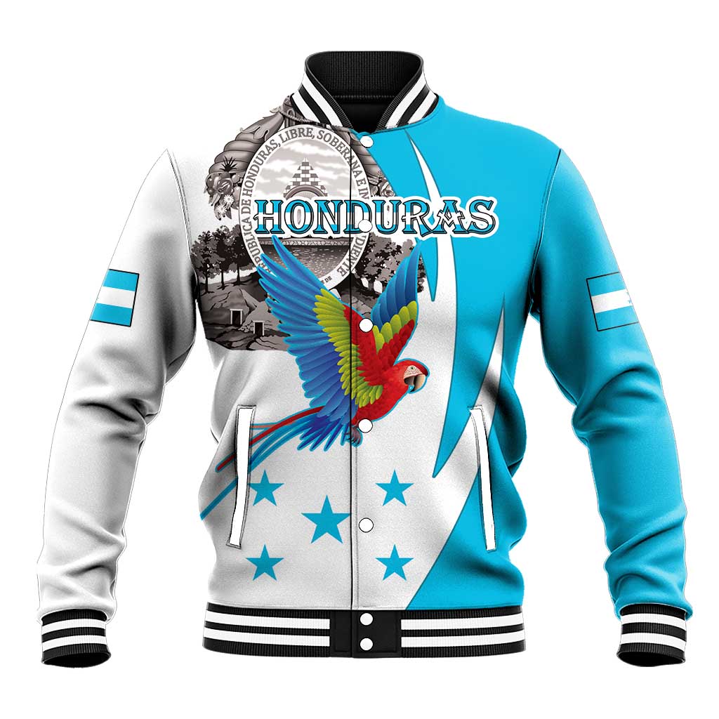 Honduras varsity baseball jacket, teal sleeves and white body, front crest and macaw