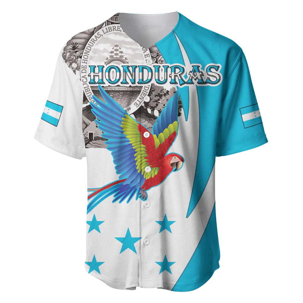 Personalized Honduras Independence Day Baseball Jersey Scarlet Macaw With Coat Of Arms - Wonder Print Shop